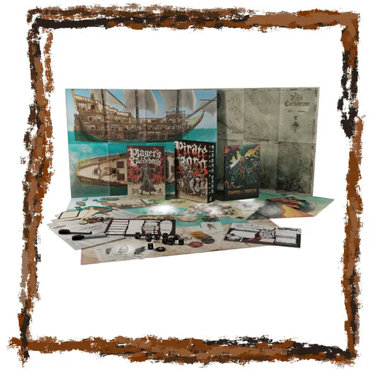 Pirates-themed board game components including a map, ship model, and various cards on a white background.