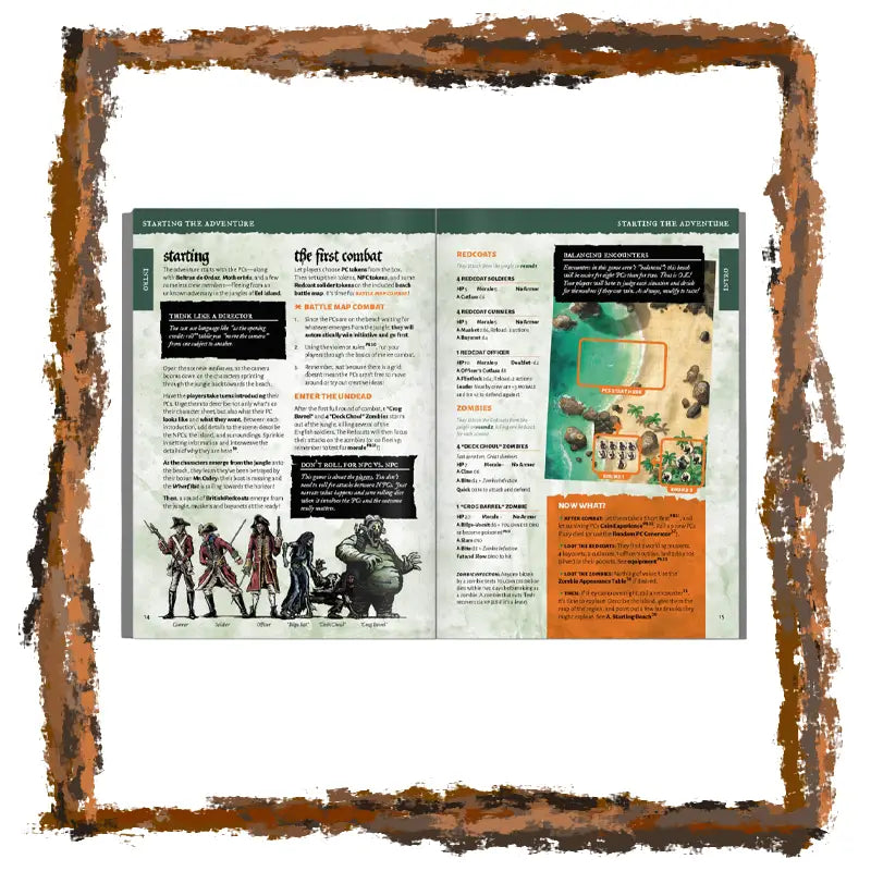 Open book with text and illustrations on a white background