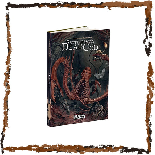 A hardcover fantasy RPG book titled "Settlers of a Dead God" by Brandon Sanderson, featuring dark cover art with a skeleton, a red creature, and a dragon. The book is displayed upright against a white background with a rustic brown frame.
