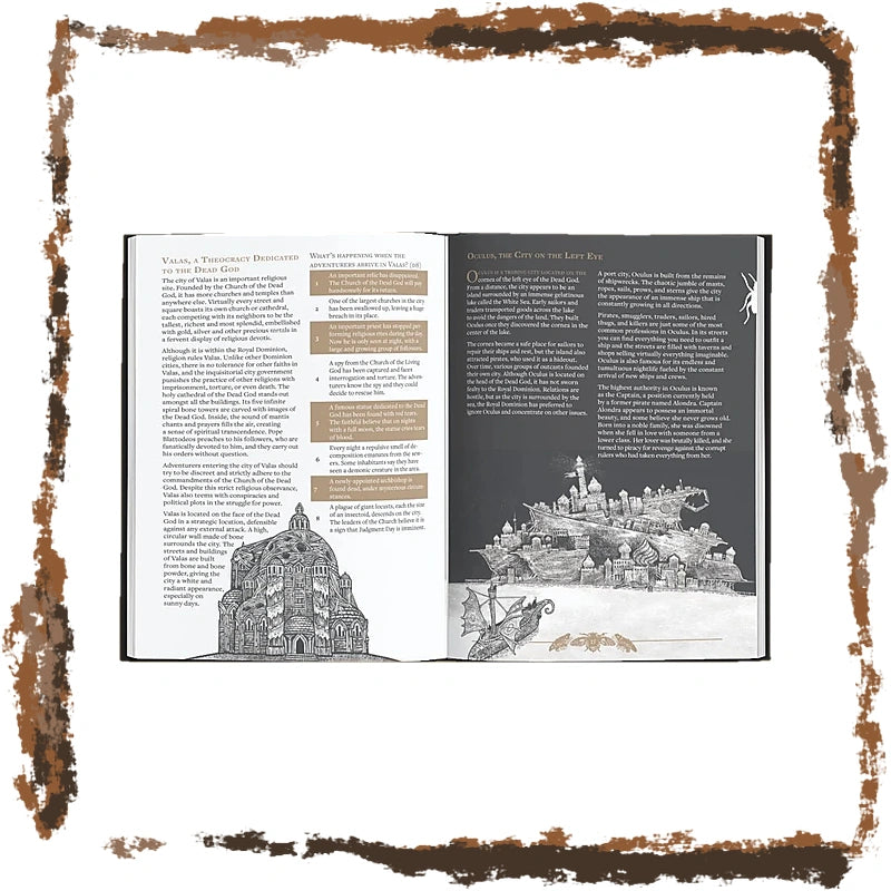 An open book spread displaying two illustrated pages with text and black-and-white architectural sketches, centered on a white background with a rustic brown border.