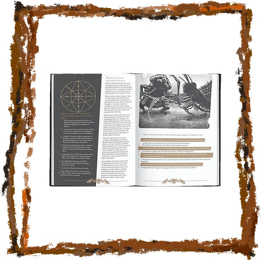 An open book or booklet displayed against a white background, framed by a distressed brown border. The pages show a dark charcoal panel with a circular geometric diagram on the left, and a black-and-white illustration of a spider on the right with highlighted text sections.