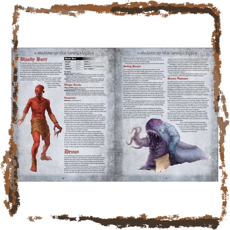 An open book or magazine spread showing fantasy creature entries, with a red-skinned humanoid on the left page and a purple gaseous monster on the right page, surrounded by a distressed brown border on a white background.