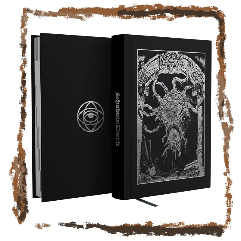 Black notebook with decorative cover and logo on a white background