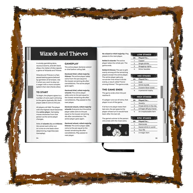 Open book with text and game design elements on a white background
