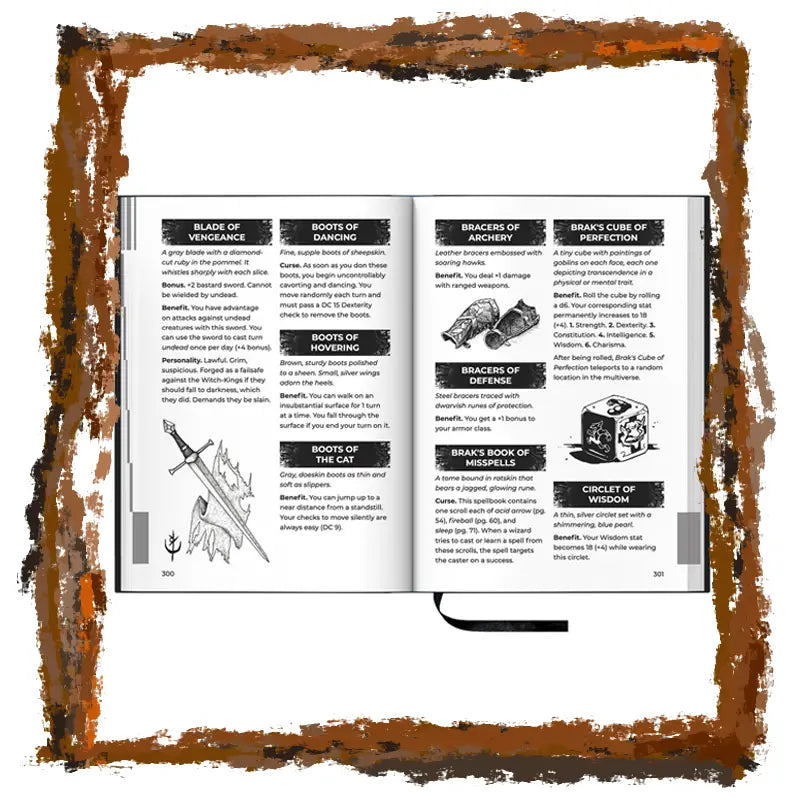 Open book with game rules or descriptions, framed with a brown border.