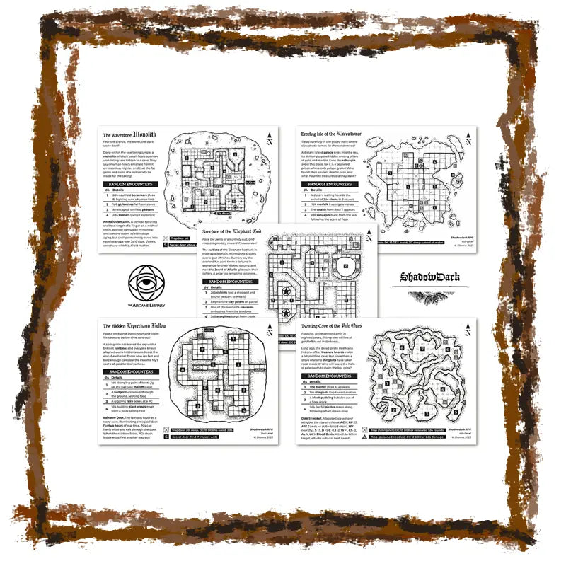 Set of dungeon maps and descriptive text on a white background with a brown border.