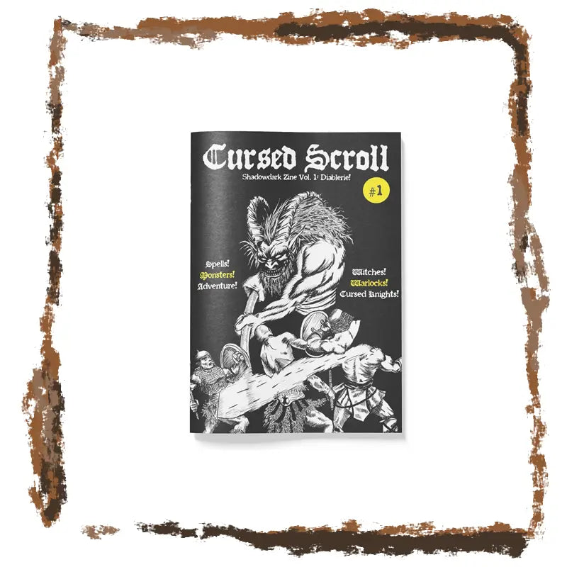 Book titled 'Cursed Scroll' with black and white illustration on a white background