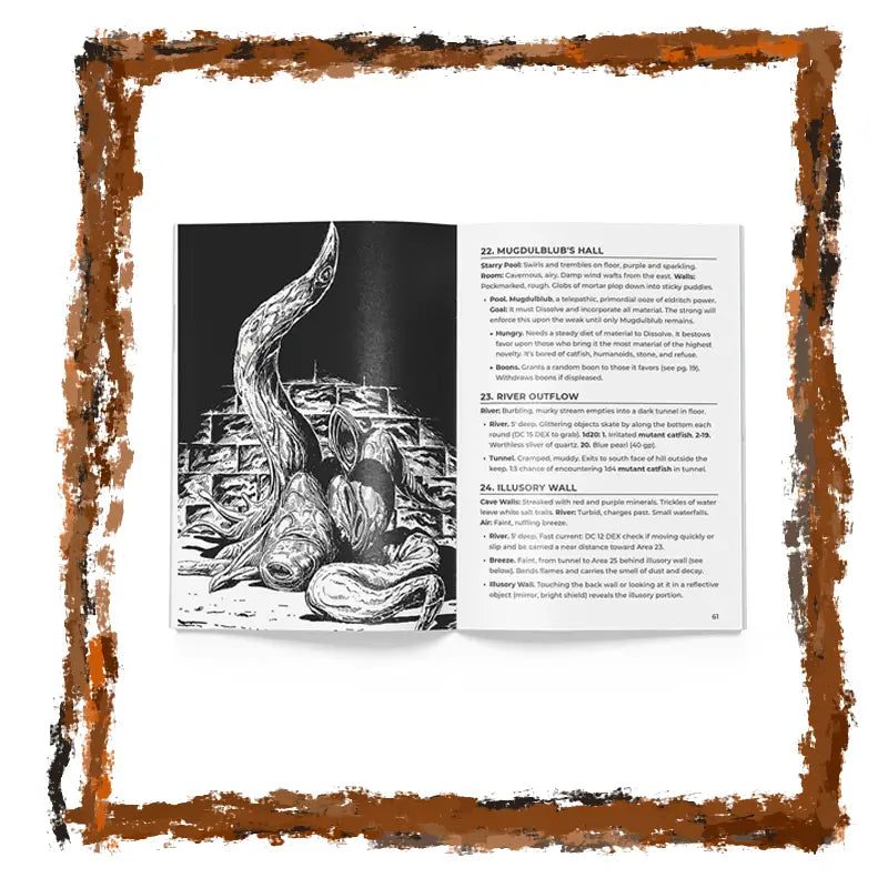 Illustration of a creature and text on a page with a decorative brown border.