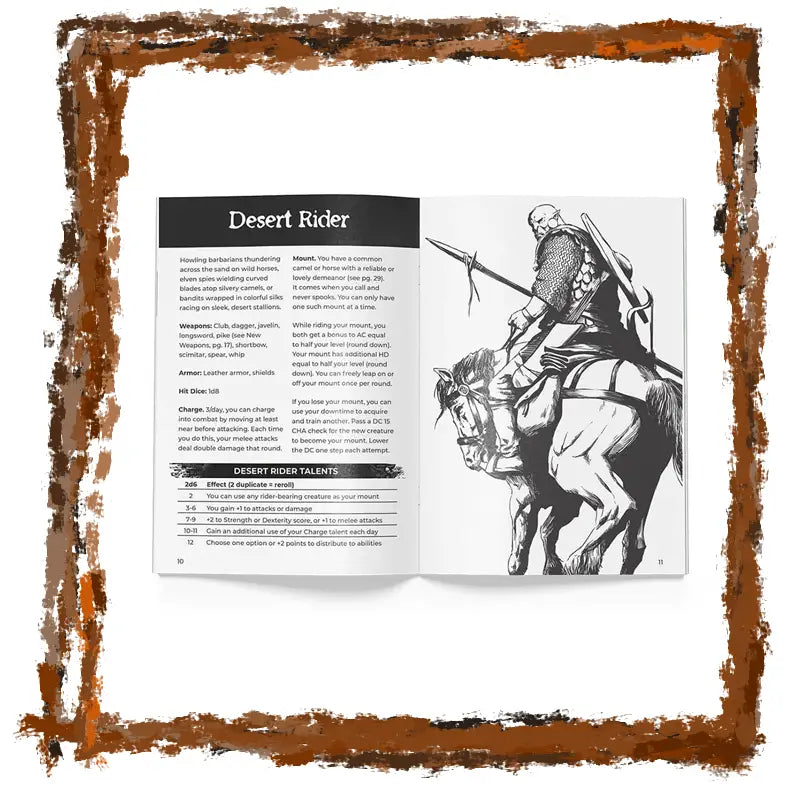 Book page with a desert rider illustration and text on a white background