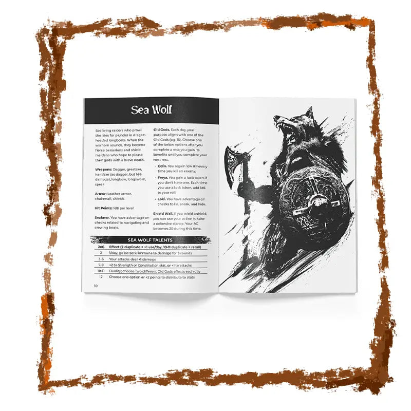 Book page with a Sea Wolf illustration and text on a white background