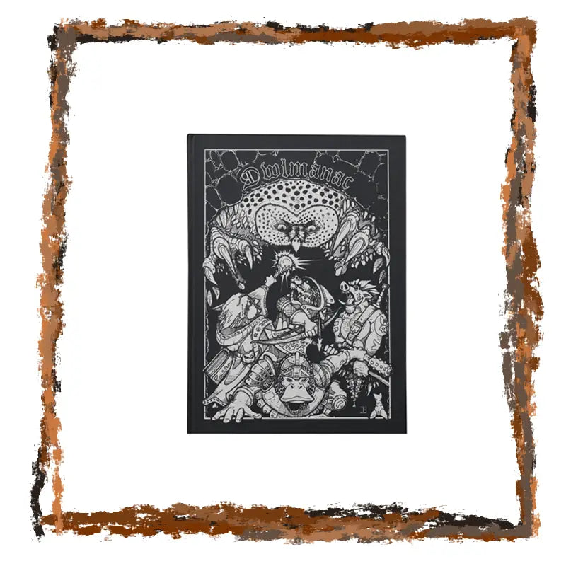 Black and white illustration with 'Owlmanac' text in a decorative frame on a white background