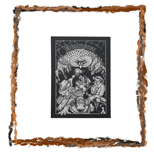 Black and white illustration with 'Owlmanac' text in a decorative frame on a white background