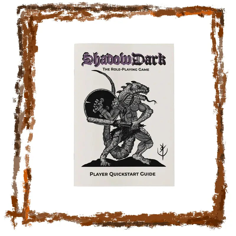 Shadow Dark role-playing game player quickstart guide with dragon and warrior illustration.