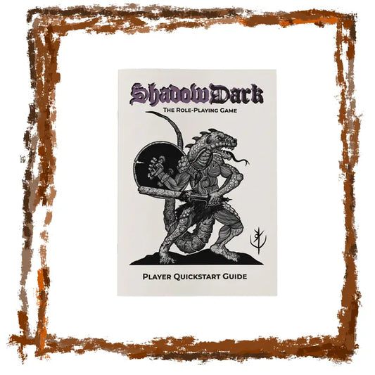 Shadow Dark role-playing game player quickstart guide with dragon and warrior illustration.