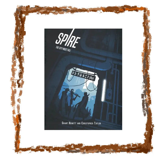 Book cover of 'Spire' with a dark blue background and silhouette design, framed with a brown border.