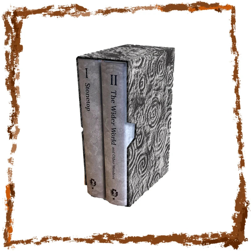 A boxed set of two books, "I Stonetop" and "II The Wider World," shown on a white background with a distressed brown border. The book covers feature a gray and black spiral pattern.