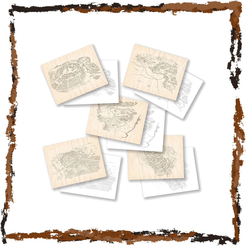 Six small square prints or cards with vintage-style map illustrations are arranged in a loose cluster on a white background, surrounded by a distressed brown and black decorative border.