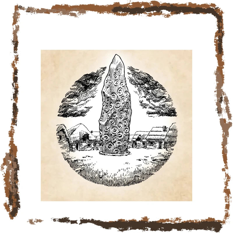 A vintage-style black ink illustration of a standing stone monument with small thatched-roof huts and trees, centered on a warm beige background and framed by a distressed brown border.
