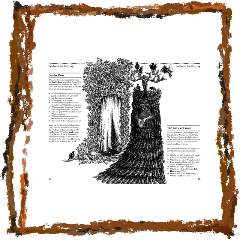 A square art print featuring a black ink illustration and text from 'The Lady of Camber' on a white background, framed by a rustic distressed brown border.