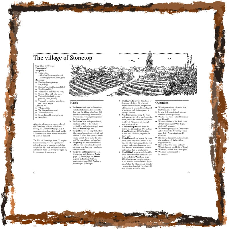 A printed educational poster titled 'The village of Stonetop' with black text, a black-and-white landscape illustration, and a distressed brown border on a white background.