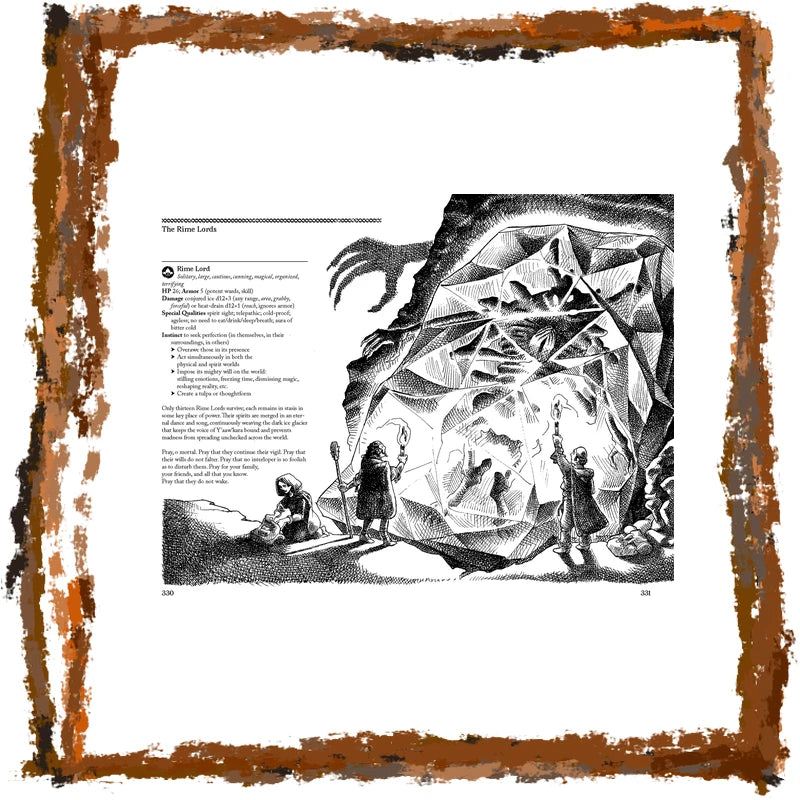 A square printed page or book spread with a black-and-white fantasy illustration and blocks of text, centered on a white background with a distressed rust-colored border around the edges.