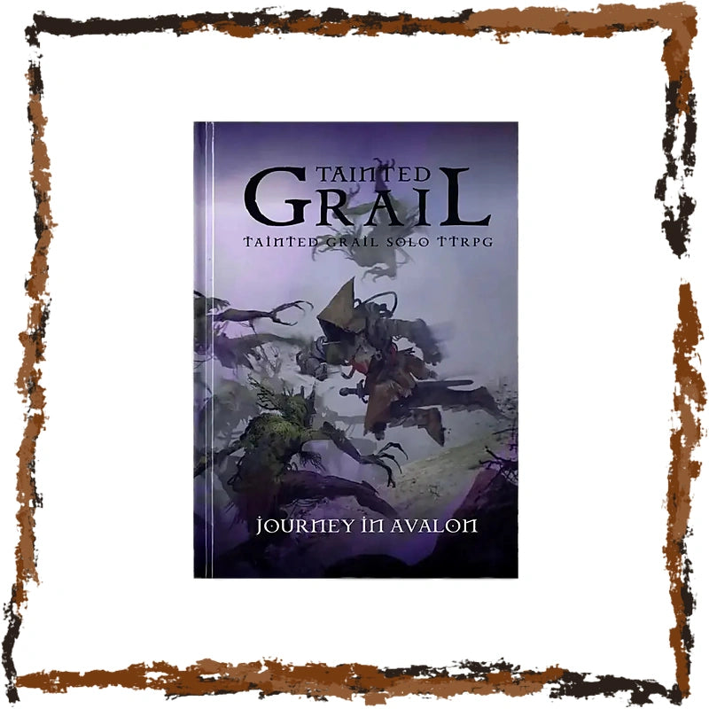 Tainted Grail: Journey in Avalon solo TTRPG book cover centered on a white background with a rustic brown distressed border.