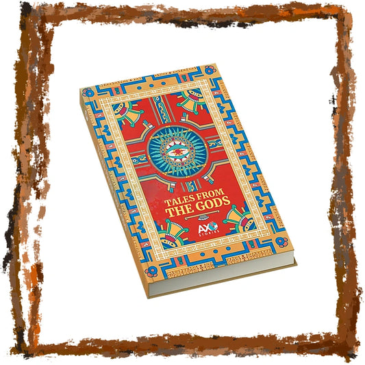 The book 'Tales from the Gods' by Axel Shulman is shown at an angle on a white background, framed by a rustic, rusty-brown distressed border. The book cover features a vibrant red background with intricate blue, gold, and white geometric and mythological illustrations.