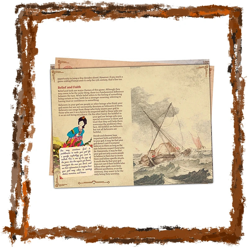 An open vintage-style book or booklet spread on a white background, framed by a distressed brown border. The pages are aged beige with printed text, a small illustrated figure, and a large historical maritime scene illustration showing a ship at sea.