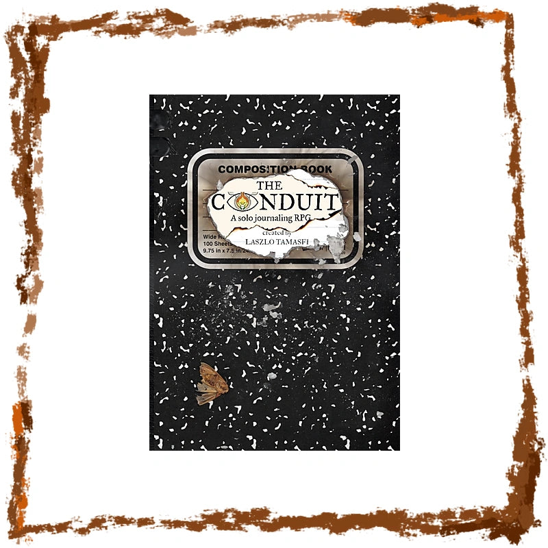 The Conduit Composition Book by Lazelle Tamasi, featuring a black and white speckled cover with a central silver label, set against a white background with a rustic brown border.