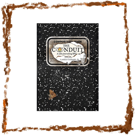 The Conduit Composition Book by Lazelle Tamasi, featuring a black and white speckled cover with a central silver label, set against a white background with a rustic brown border.