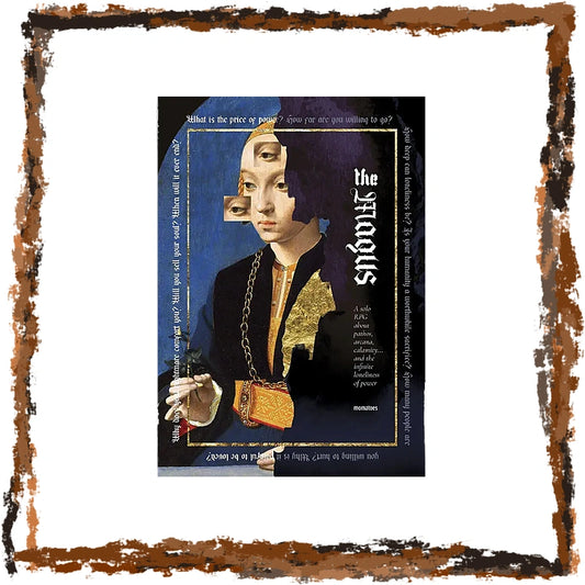 A framed art print of William Sattin's 'The Magus' featuring a stylized portrait of a figure with a chain and gold patterned collar against a dark blue background, surrounded by a rustic distressed brown border.