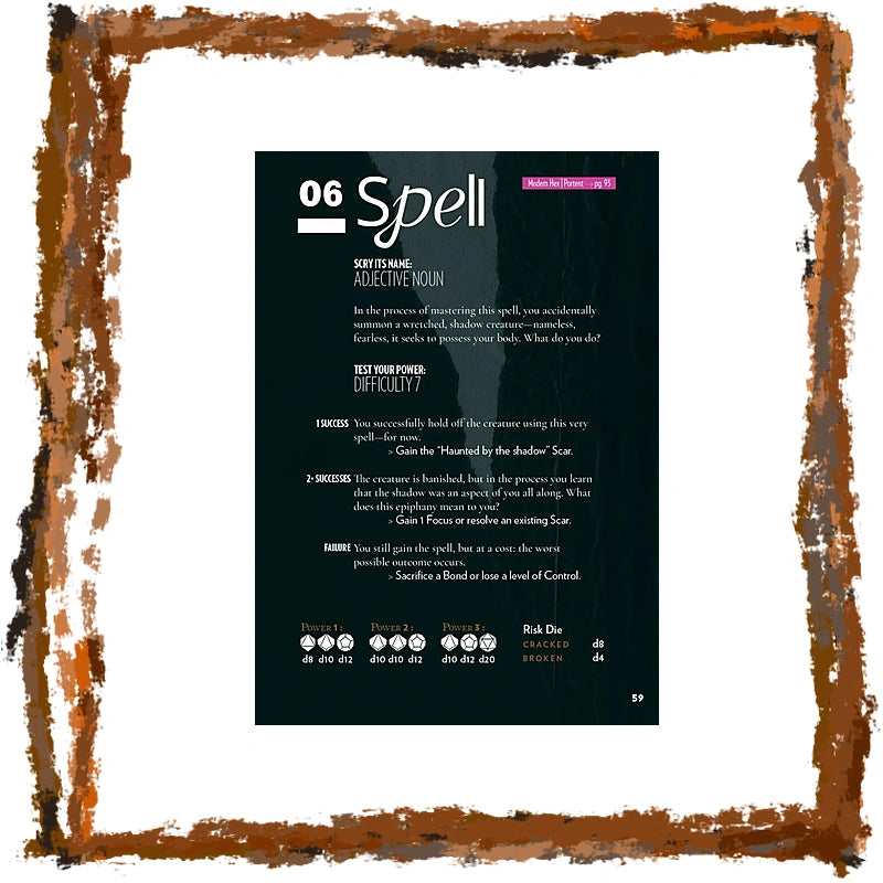 A framed card titled '06 Spell' with white text on a black background, surrounded by a rustic distressed brown frame on a white backdrop.