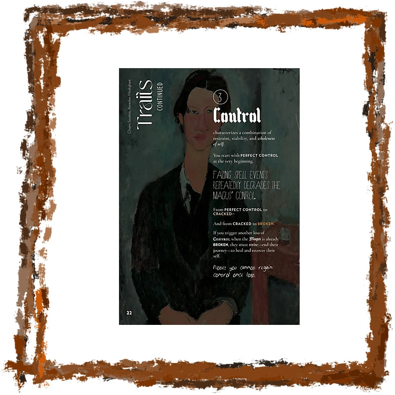 A square book or magazine cover titled 'Traits (continued)' with a painted portrait of a woman on the front, centered on a white background with a distressed rust-colored border around the edges.