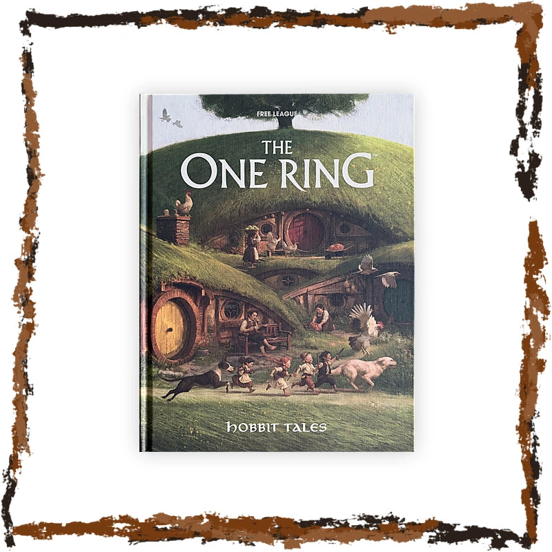 The One Ring: Hobbit Tales hardcover book featuring a detailed illustration of the Hobbit Houses on a grassy hill, framed by a rustic distressed brown border on a white background.