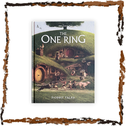 The One Ring: Hobbit Tales hardcover book featuring a detailed illustration of the Hobbit Houses on a grassy hill, framed by a rustic distressed brown border on a white background.