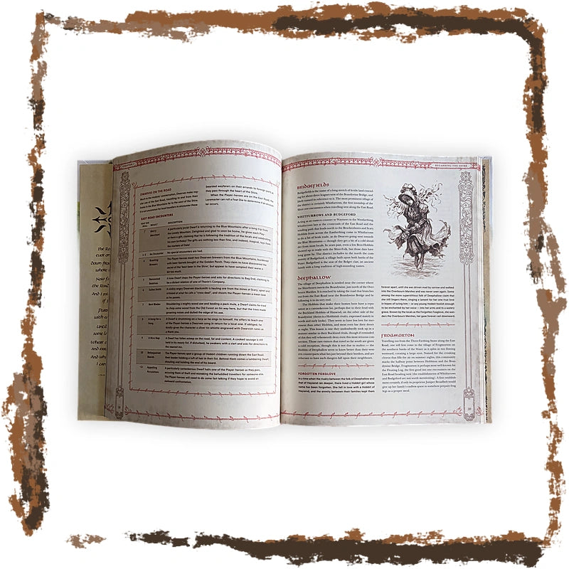 An open book displaying printed pages with text and a black-and-white illustration, centered on a white background with a rustic brown distressed border.