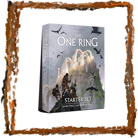 The One Ring Starter Set board game box shown at a three-quarter angle on a white background with a distressed brown frame around the edges.