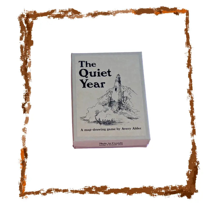 Board game box titled 'The Quiet Year' with a lighthouse illustration on a white background.