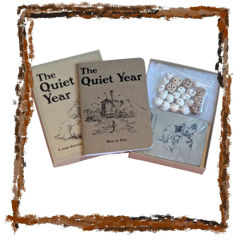 A book titled 'The Quiet Year' and a box of game pieces on a white background.