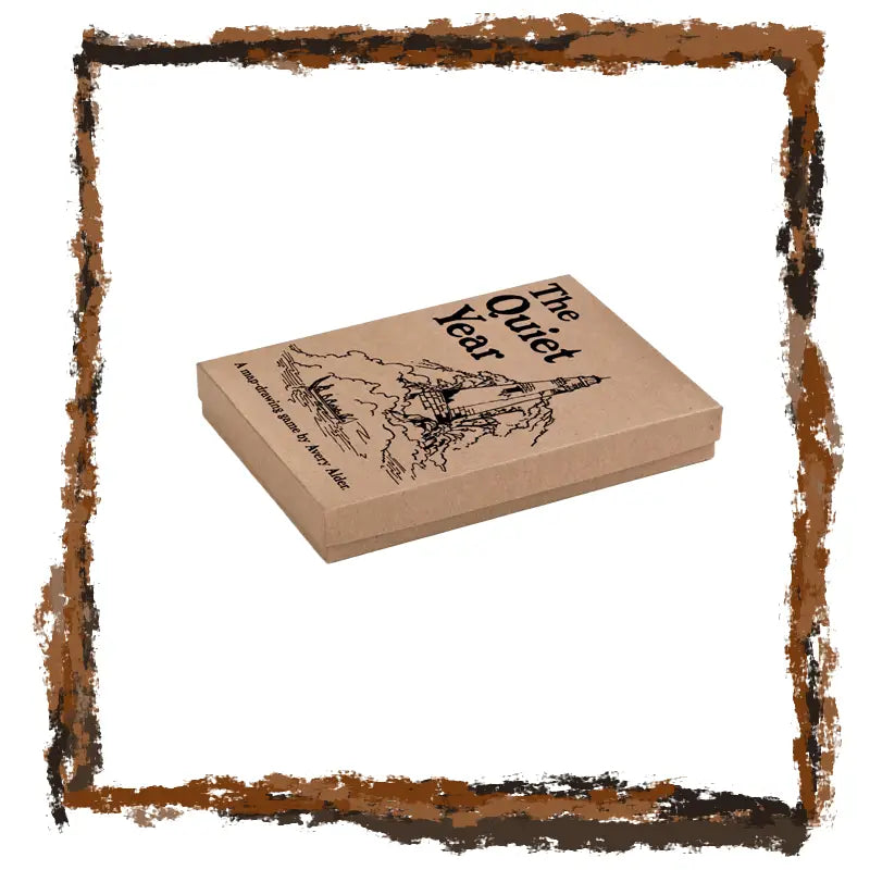 Kraft paper box with 'The Quiet Year' text and illustrations on a white background