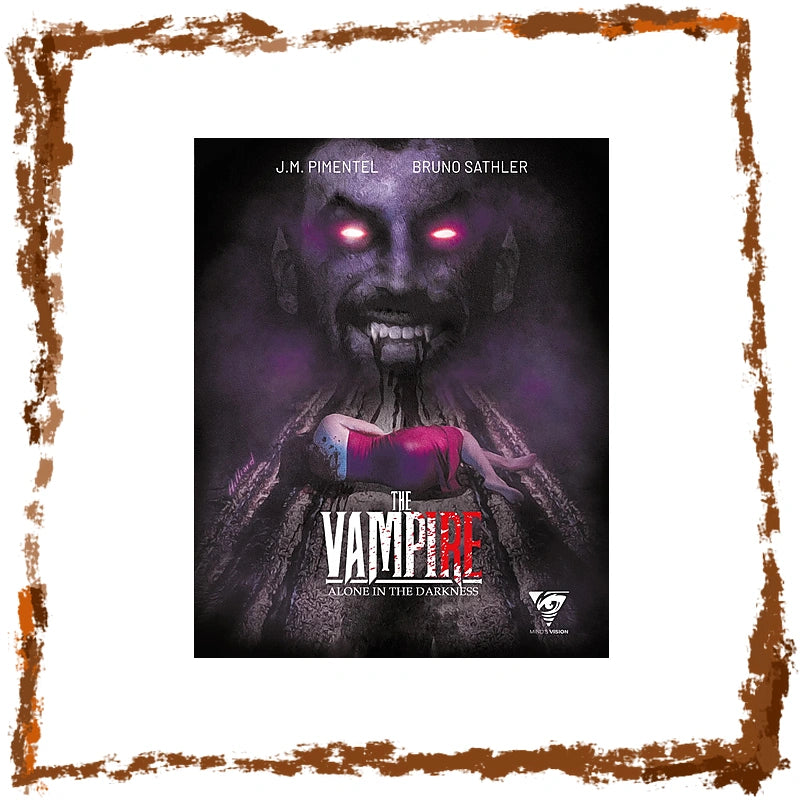 The cover of the board game 'The Vampire: Alone in the Darkness' featuring a dark, creepy vampire face with glowing red eyes and a pale body, framed by a distressed brown border on a white background.