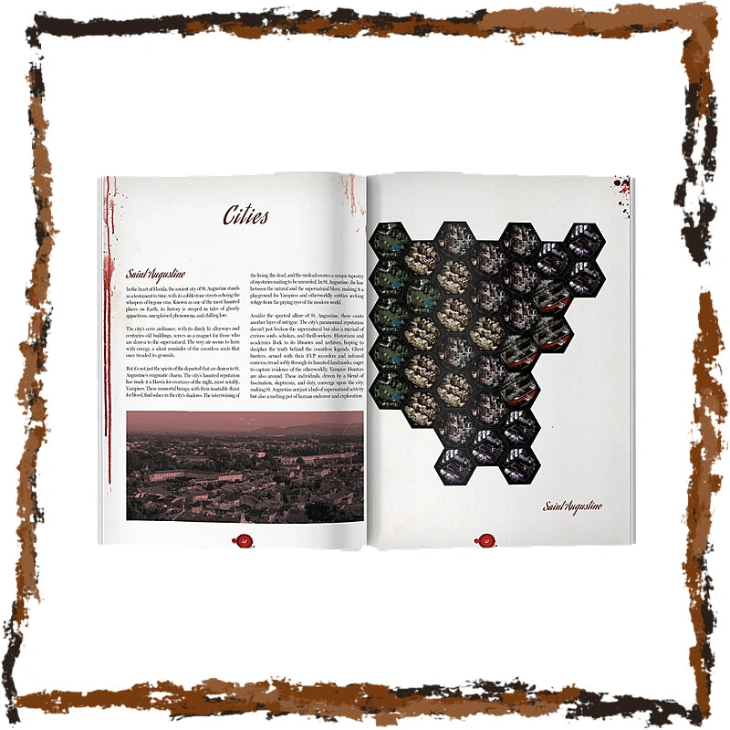 An open book spread showing printed text, a city landscape photograph, and a large hexagonal grid of dark circular items on the right page, set against a white background with a distressed brown border.