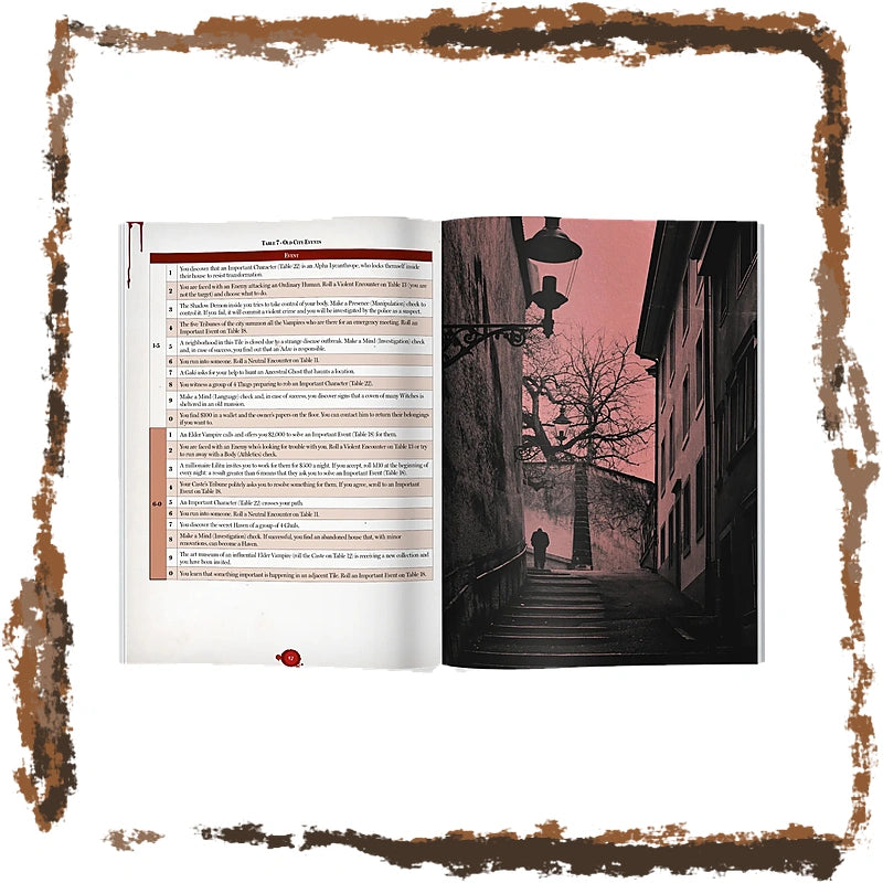 An open book laid flat on a white background, showing a printed page with text on the left and a photograph of a narrow street scene with stairs on the right. The book is centered within a distressed brown border graphic.