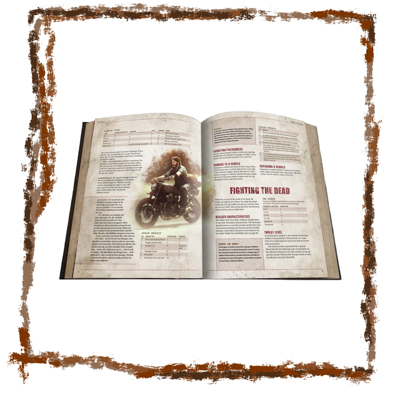 Open book with text and a motorcycle illustration on a white background