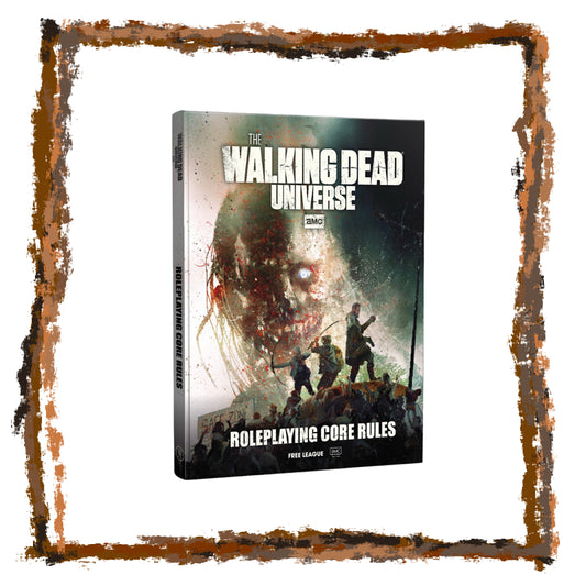 Roleplaying game core rules book titled 'The Walking Dead Universe' with a zombie and survivors illustration on the cover.