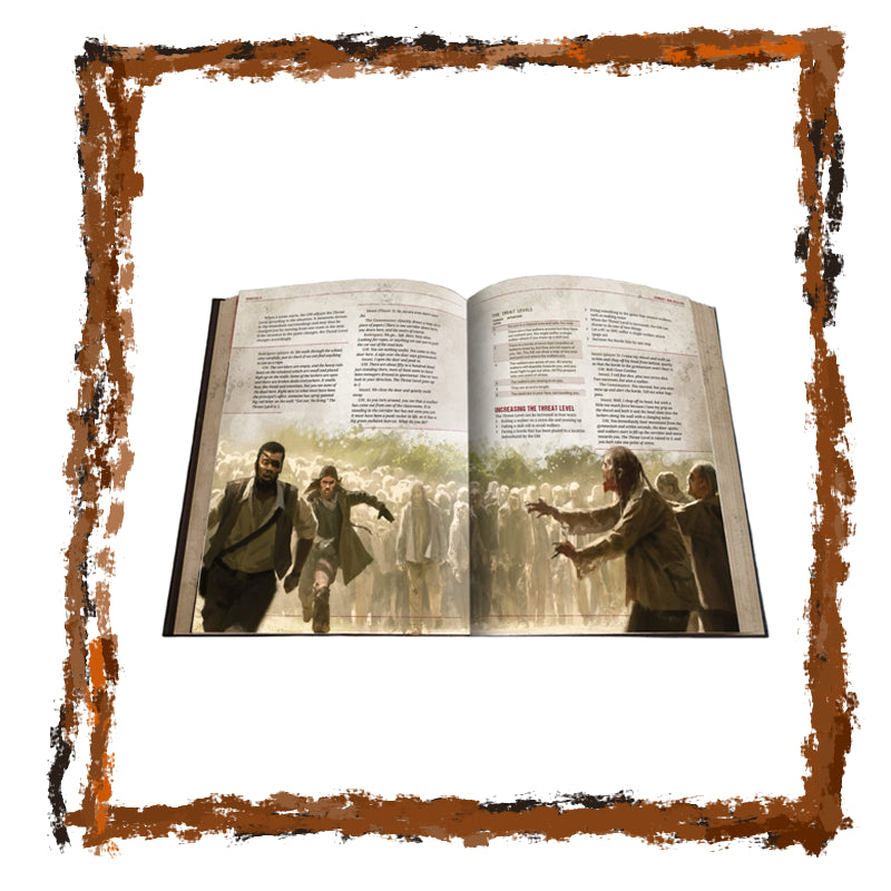 Open book with a scene of people walking, framed by a rustic brown border.