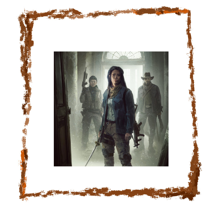 Character in a foggy setting with a rustic border
