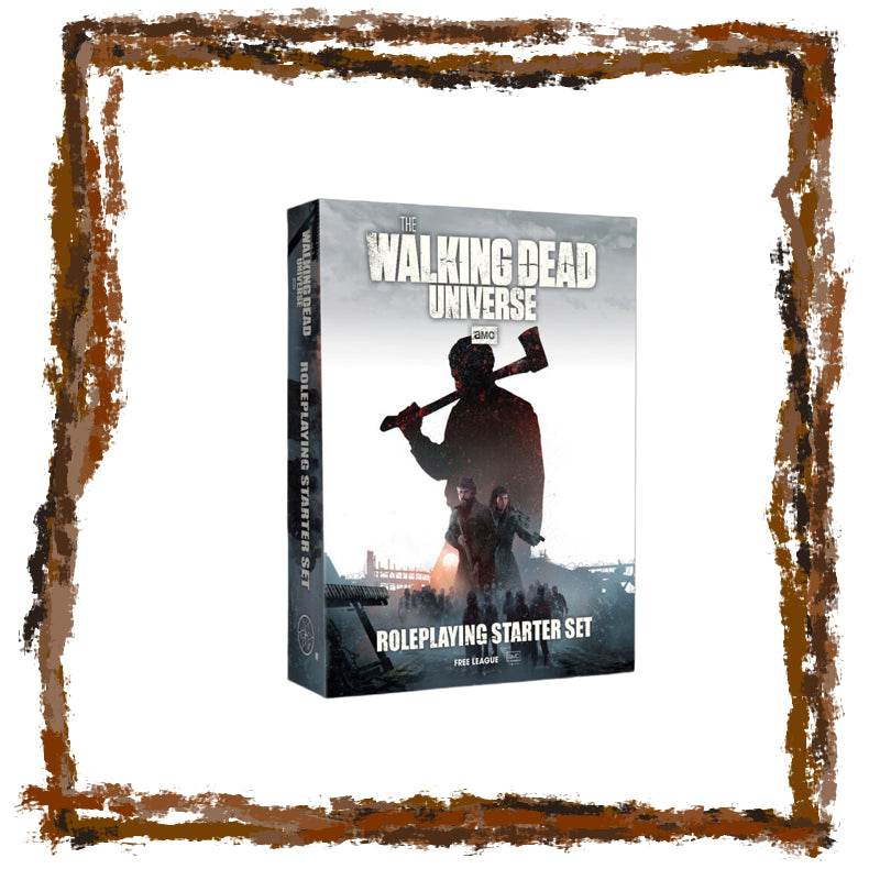 Roleplaying starter set for 'The Walking Dead Universe' with silhouette design on a white background.