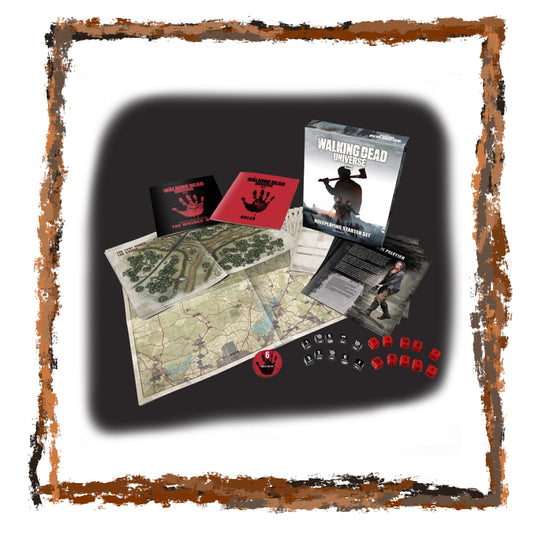 Board game set with 'The Walking Dead' theme, including map, cards, and box.