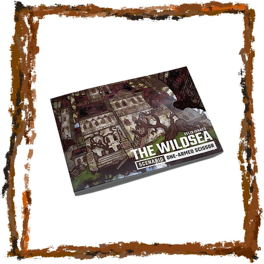The Wildsea Scenario One-Amped Scisort box by Rasmus Andersen, featuring a detailed medieval illustration on the cover, set against a white background with a rustic brown frame.